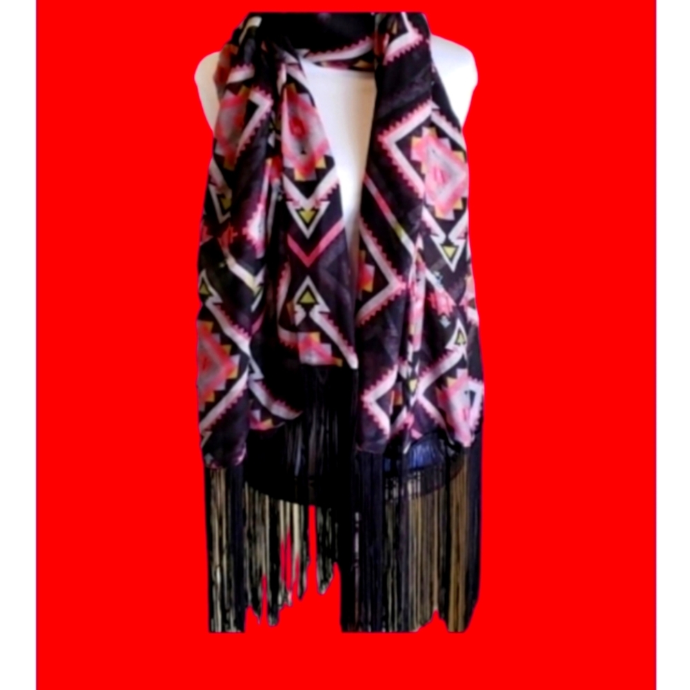 Aztec Scarf Long Black‎  Pink with Fringe Scarf